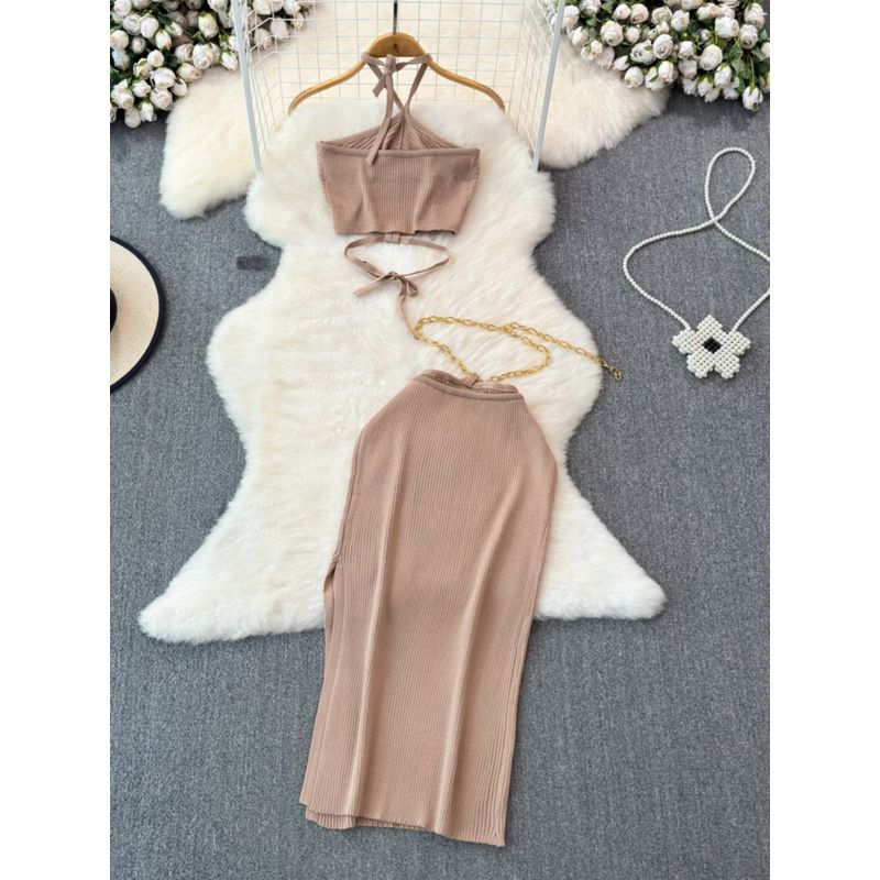 Seaside Vacation Hanging Neck Dress Women Spring Backless Mature Royal Sister Temperament Beautiful Chic Beautiful Set Skirts