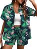 Plant-printed short-sleeved shirt, elastic waist shorts, two-piece set, vacation style casual suit, women's