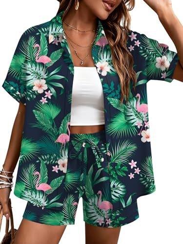 Plant-printed short-sleeved shirt, elastic waist shorts, two-piece set, vacation style casual suit, women's