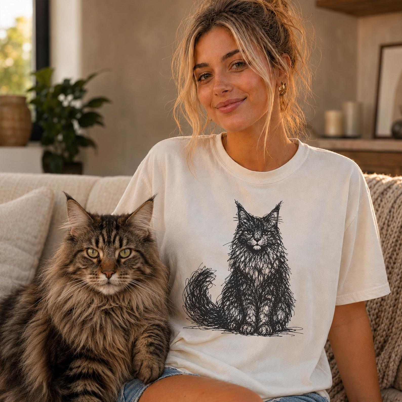 Maine Coon Cat Line Art Shirt, Minimalist Scribble Cat Sketch Tee, Abstract Cat T-Shirt, Maine Coon Mom Gift, Artsy Cat Tee M