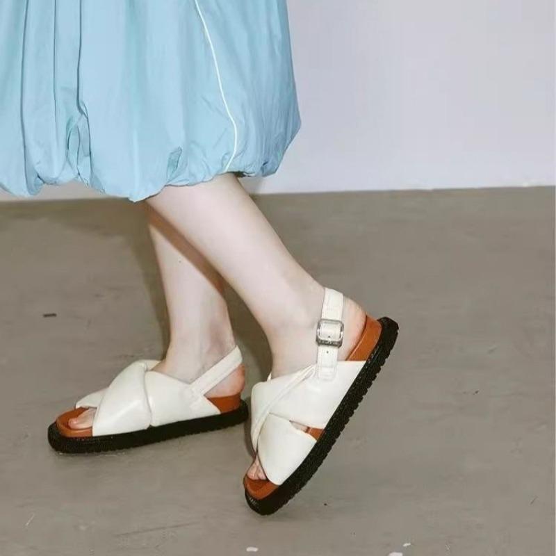 Fashion Designer Open Toe Sandals for Women Summer New Fashion PU Leather Thick Sole Tendon Shoes Simple Solid Color Outdoor Party Flats