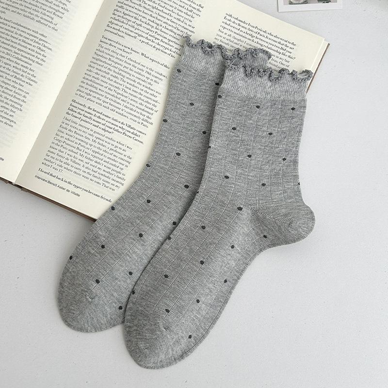 Black Fungus Polka Dot Mid-calf Socks for Women, Cotton Socks for Autumn and Winter, Boneless Pile Socks for Trendy Ladies