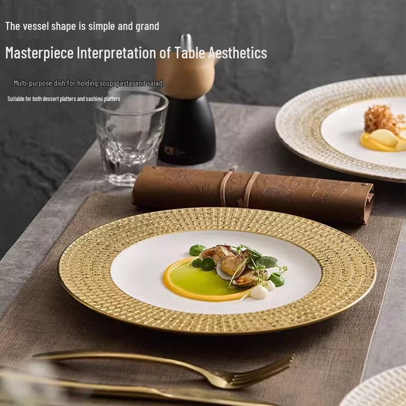 Assiette à raviolis style japonais en porcelaine d'os à bord doré