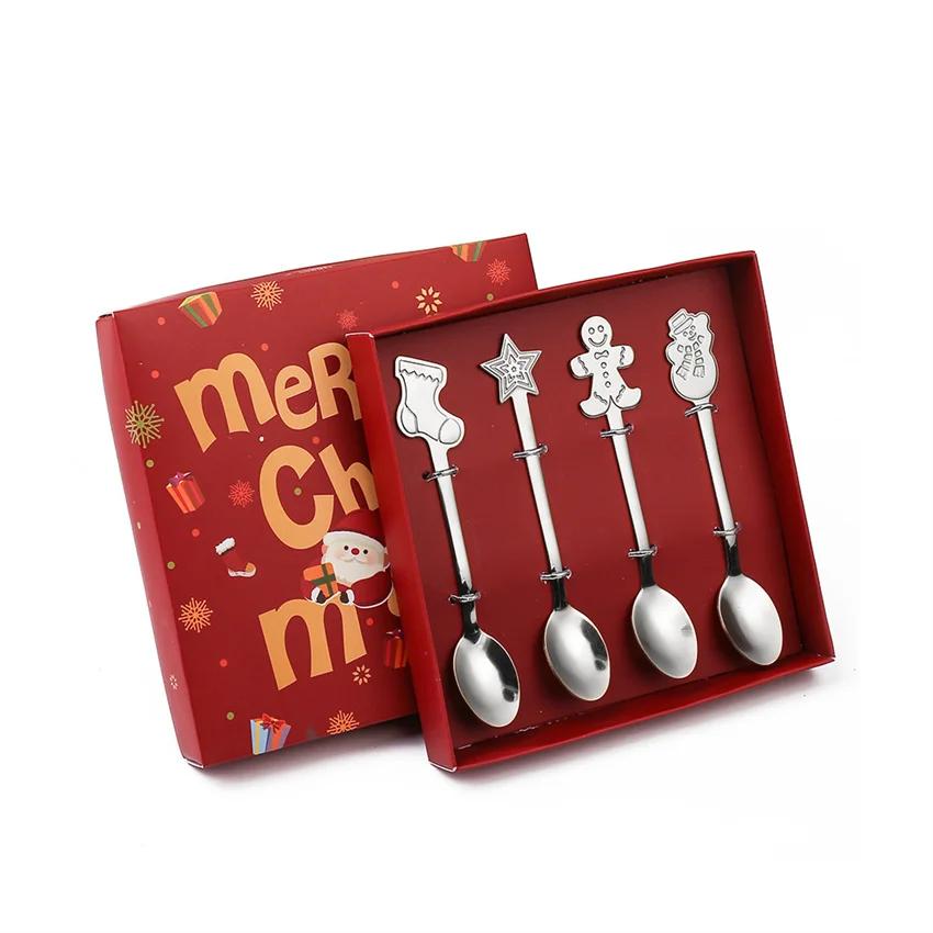 4Pcs Gold/Silver Christmas Coffee Spoons with Gift Box Stainless Steel Gingerbread Man Dessert Spoons Cutlery Spoon Xmas Gift