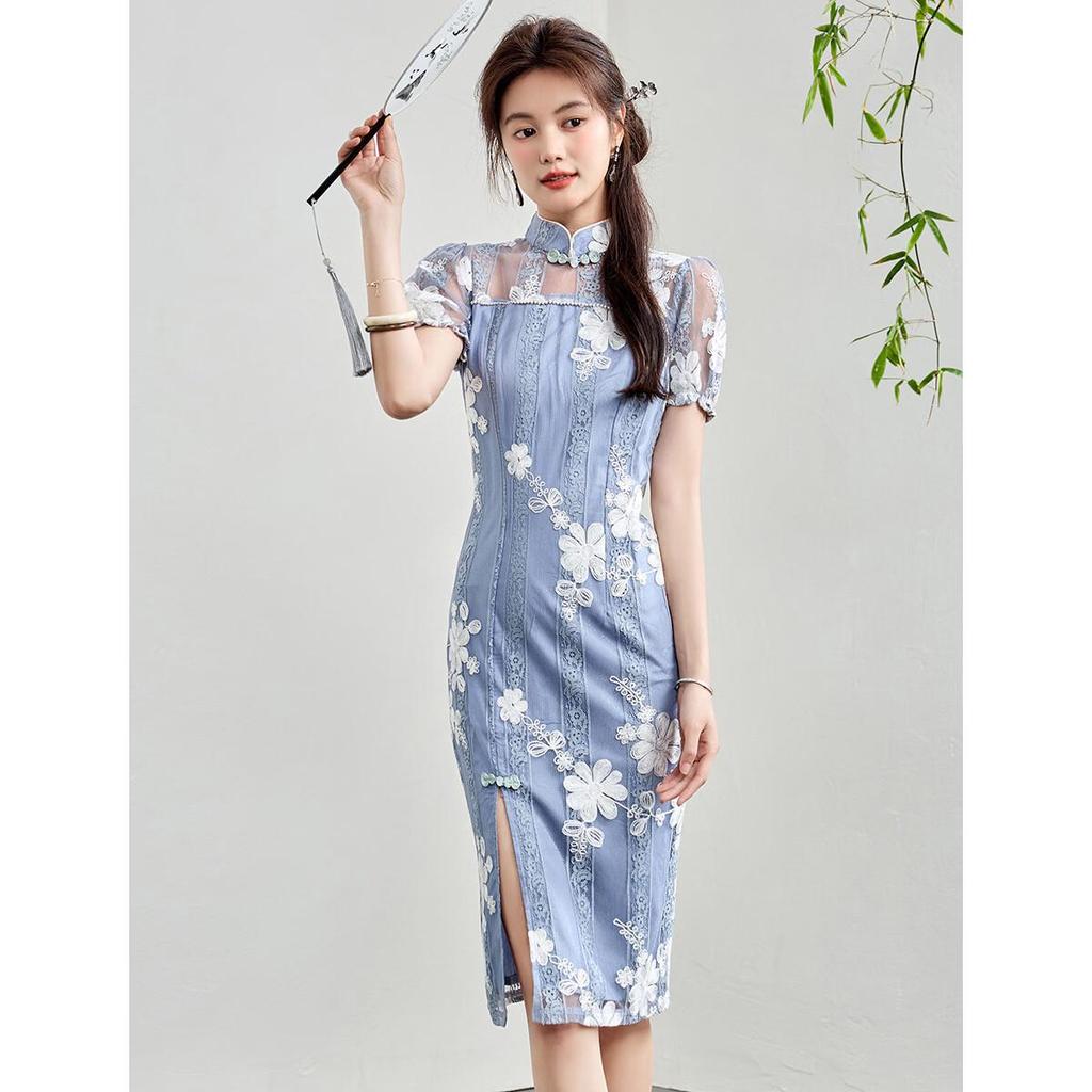 ORIGIN New Chinese Style Mesh Embroidered Cheongsam Dress