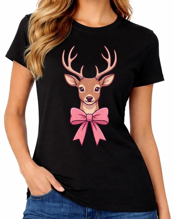 Cute Reindeer Bow T-Shirt Kawaii Forest Ladies Deer Animal Graphic Womens Tee 3XL