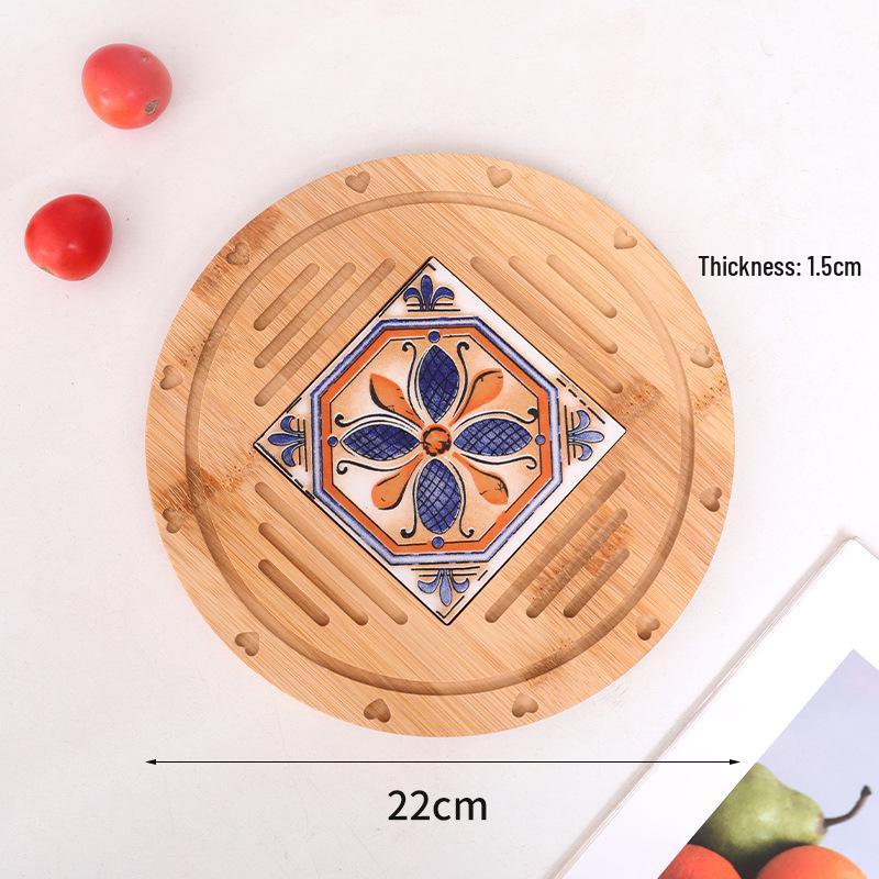 Retro Insulated Wooden Placemat for Pots and Plates, Flower Tile Design