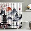 Elegant Japanese Landscape Shower Curtain - Artistic Mountain And Pagoda Design For Home Decor - Waterproof And Durable