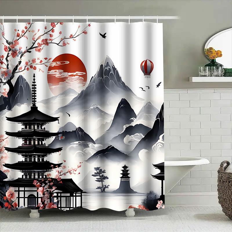 Elegant Japanese Landscape Shower Curtain - Artistic Mountain And Pagoda Design For Home Decor - Waterproof And Durable