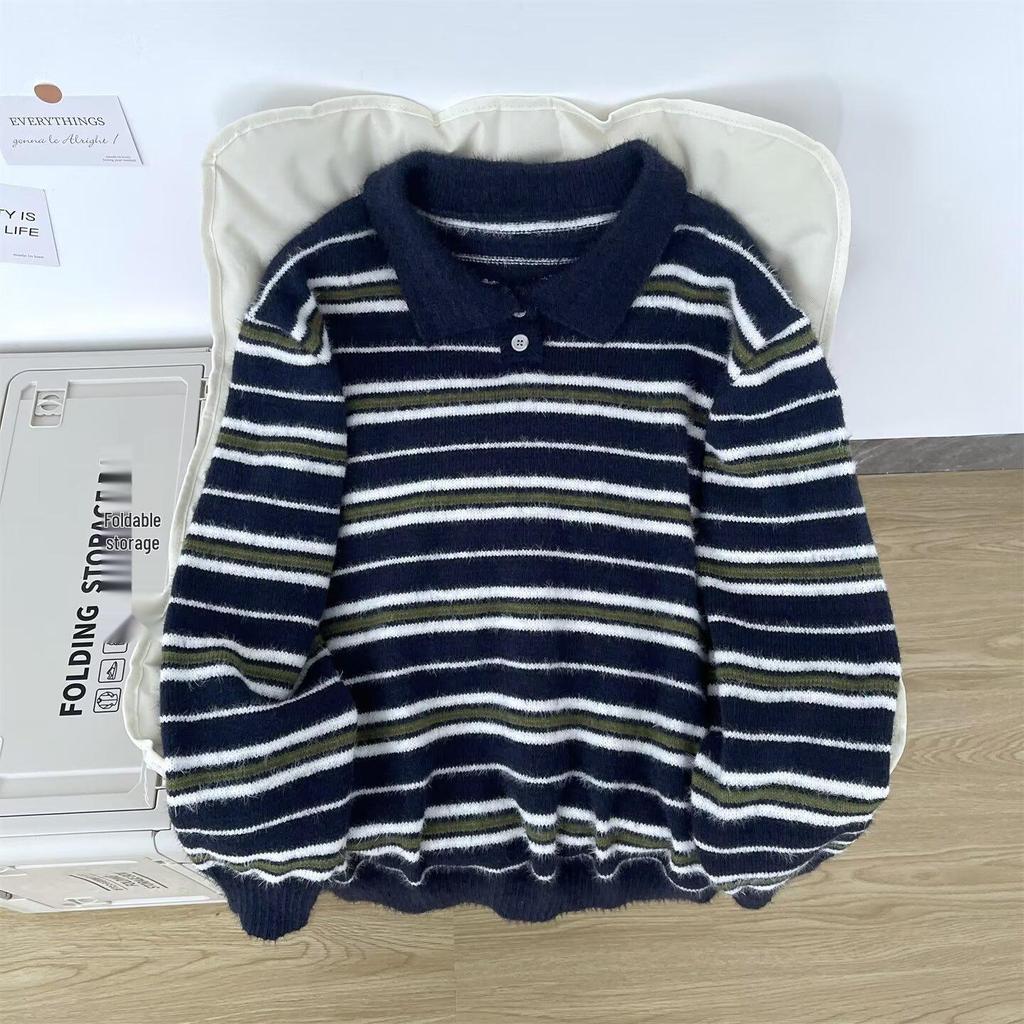 Men's Autumn/Winter High-End Retro Polo Collar Striped Mink Fur Sweater