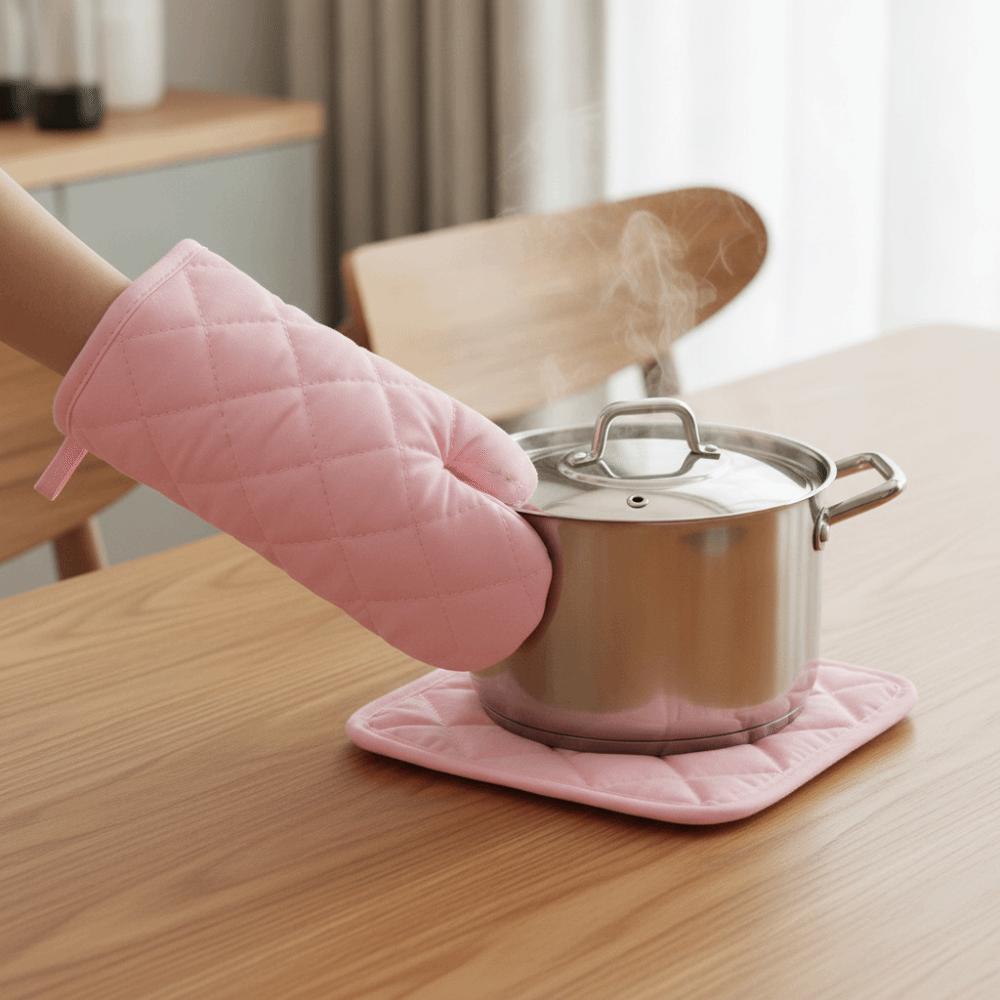 Cotton Quilted Oven Mitt Set Anti-Scalding Non-slip Potholder Rhomboid Texture Heat Resistant Kitchen Insulated Pad Kitchen
