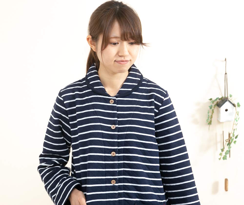 Eye Cotton Quilted Knit Pajamas with Open Long Winter Sizes K's Women's Skin-Friendly 100% Front, Sleeves, Loungewear, Nightwear, S/M/L/LL (S Navy)