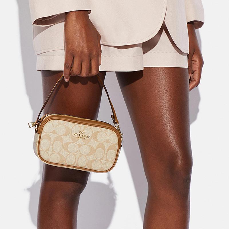 New COACH Jamie Coated Canvas With Leather Camera Bag Coin Purse Clutch Wrist Bag Small Size Women's Light Khaki CA718-IMNLJ