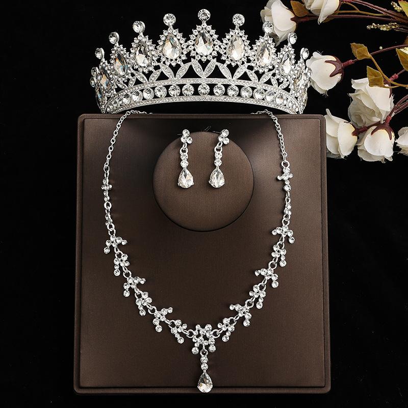 DIEZI Princess Bridal Rose Red Crystal Crown Tiara Women Girls Wedding Party Rhinestone Tiaras Necklace Earrings Jewelry Sets