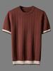 Italian Color-Block Men's Knit: Breathable Jacquard Texture, Loose Fit, Contrast Color, Round Neck, Short Sleeve.