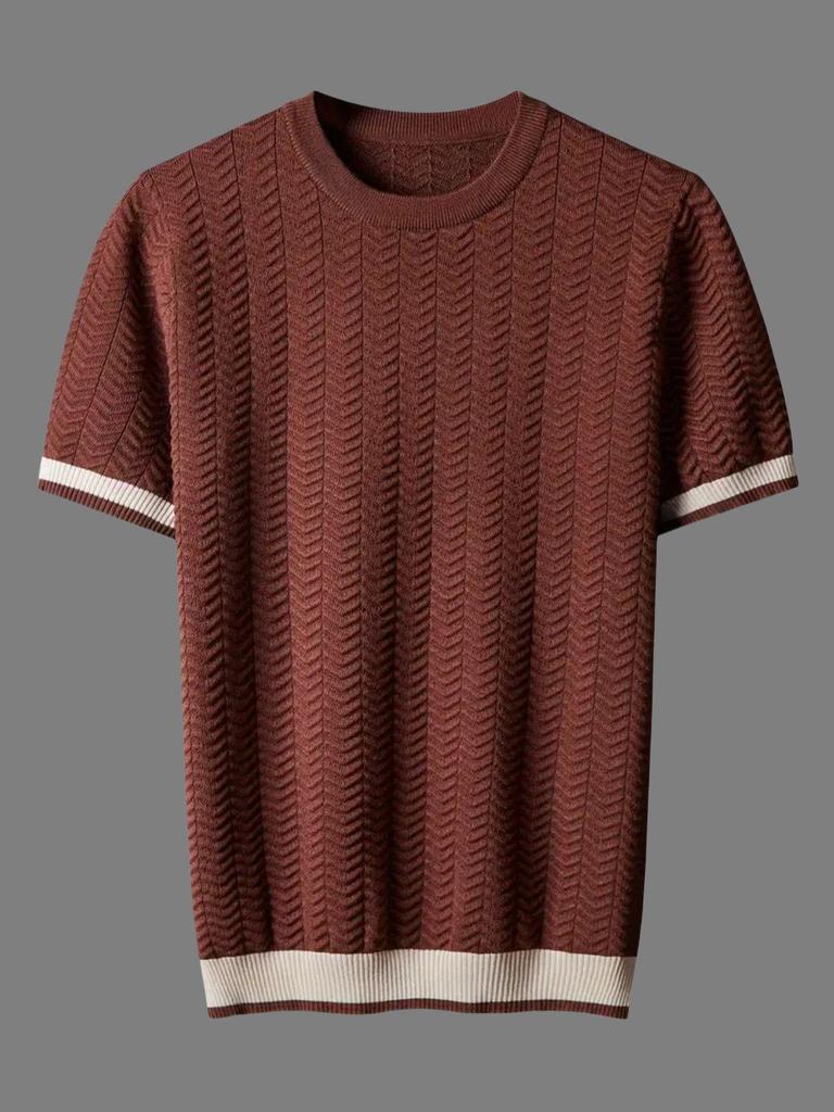 Italian Color-Block Men's Knit: Breathable Jacquard Texture, Loose Fit, Contrast Color, Round Neck, Short Sleeve.