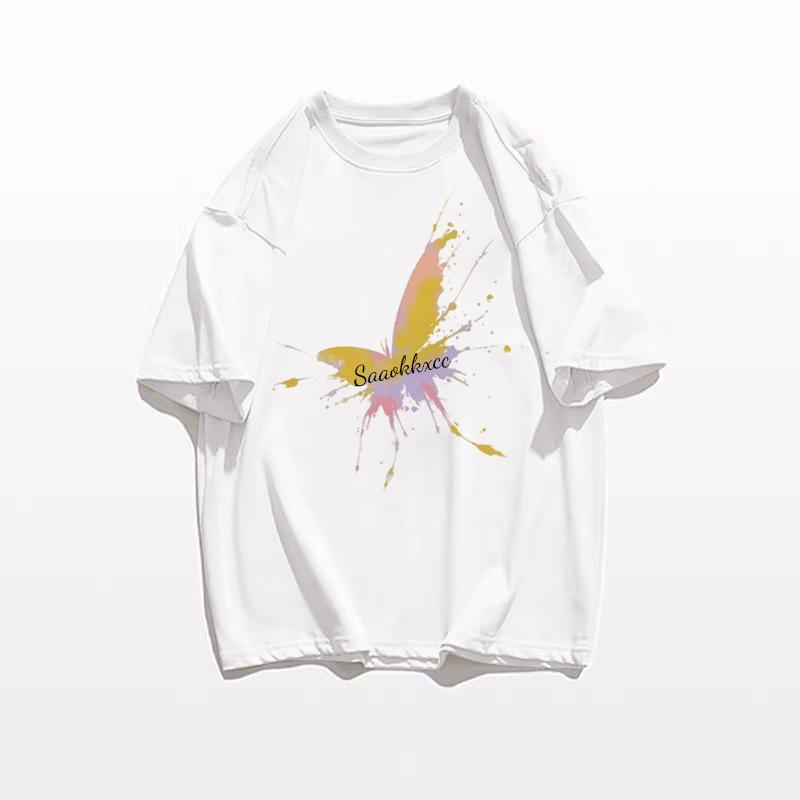 Women's Loose Fit White Cotton Shoulder T-Shirt - Summer 2025 American Style