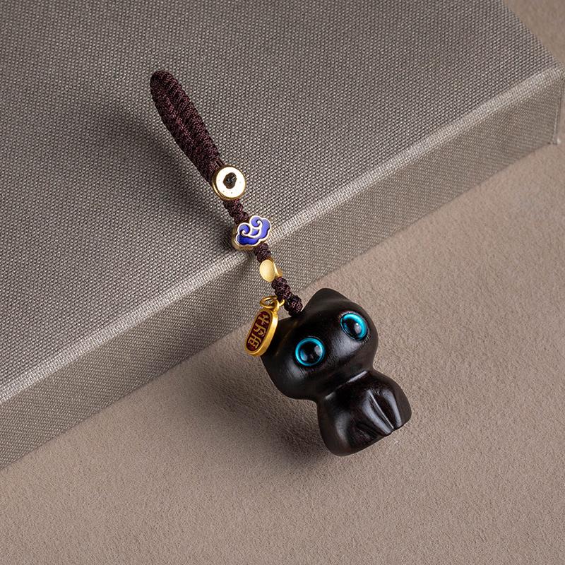 Ebony Wood Lucky Cat Keychain & Phone Lanyard - Creative Ornament