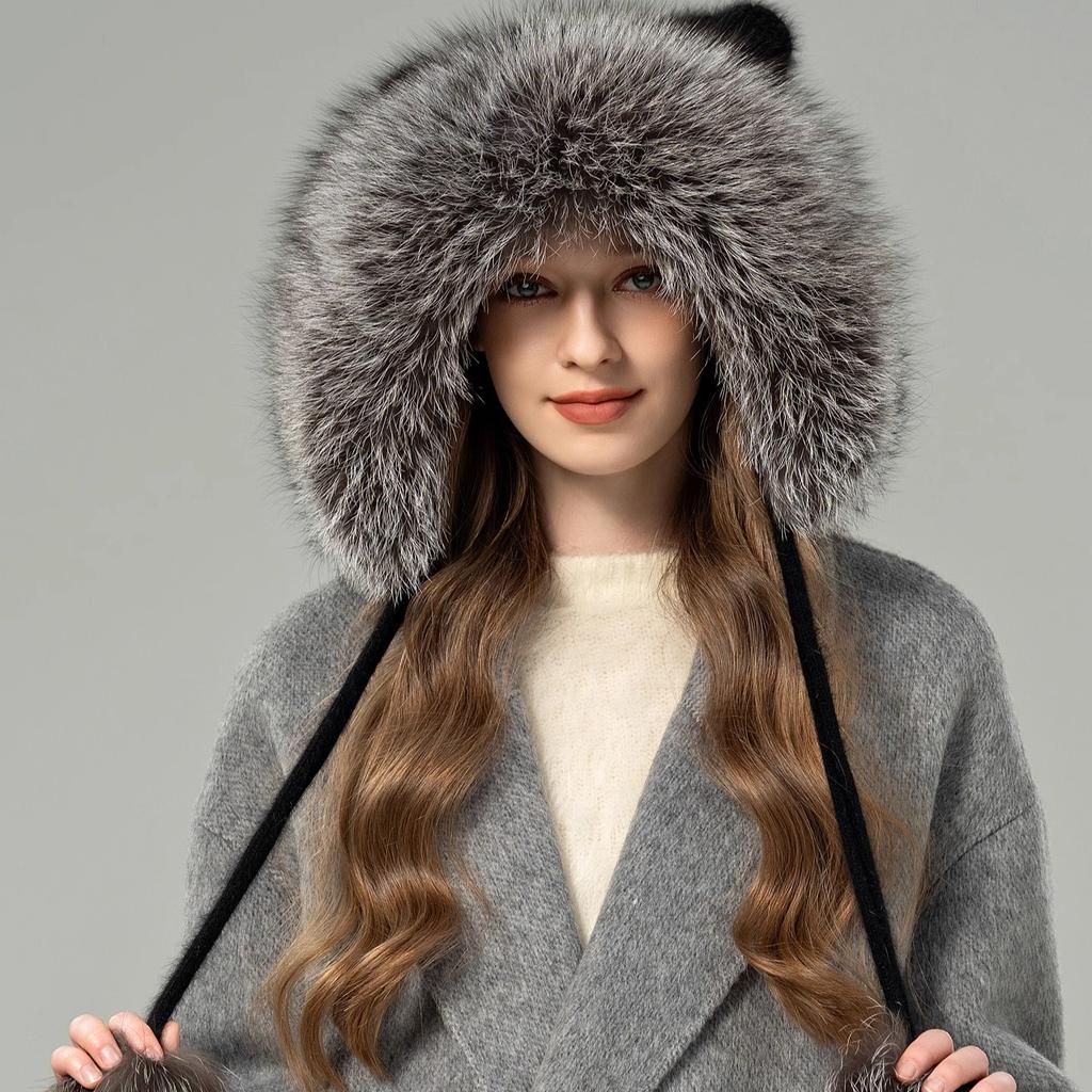 Koreanische Version der neuen Fuchspelzmütze für Damen, Herbst und Winter, niedliche Bärenstrickmütze, warmer Ohrenschutz, Pelzmütze lässt das Gesicht schmaler wirken