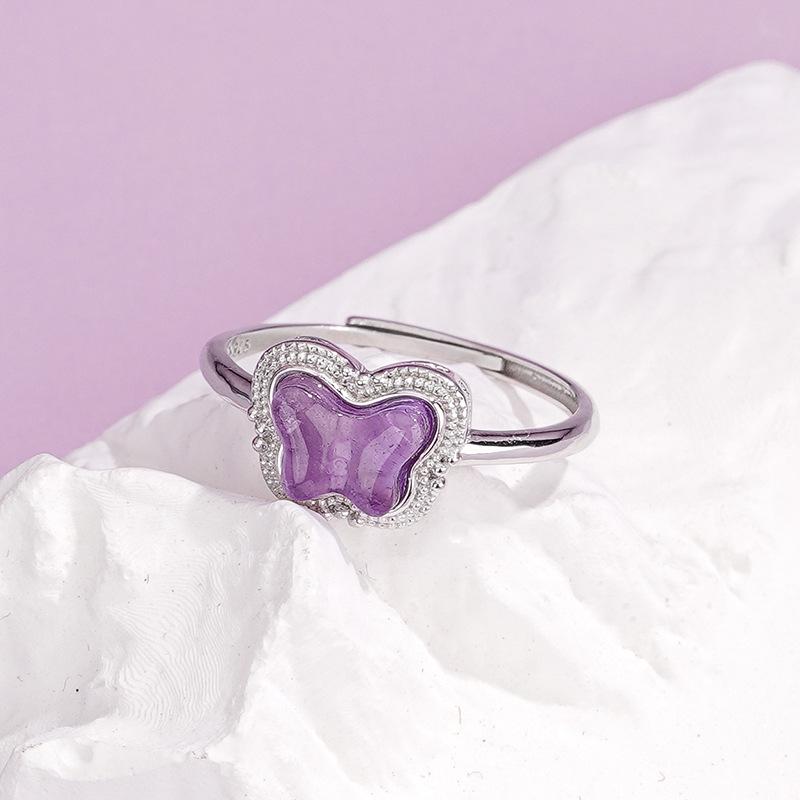 Tichia Amethyst Butterfly Ring: Women s S925 Sterling Silver Open Ring, Simple  Versatile Design Adjustable Open