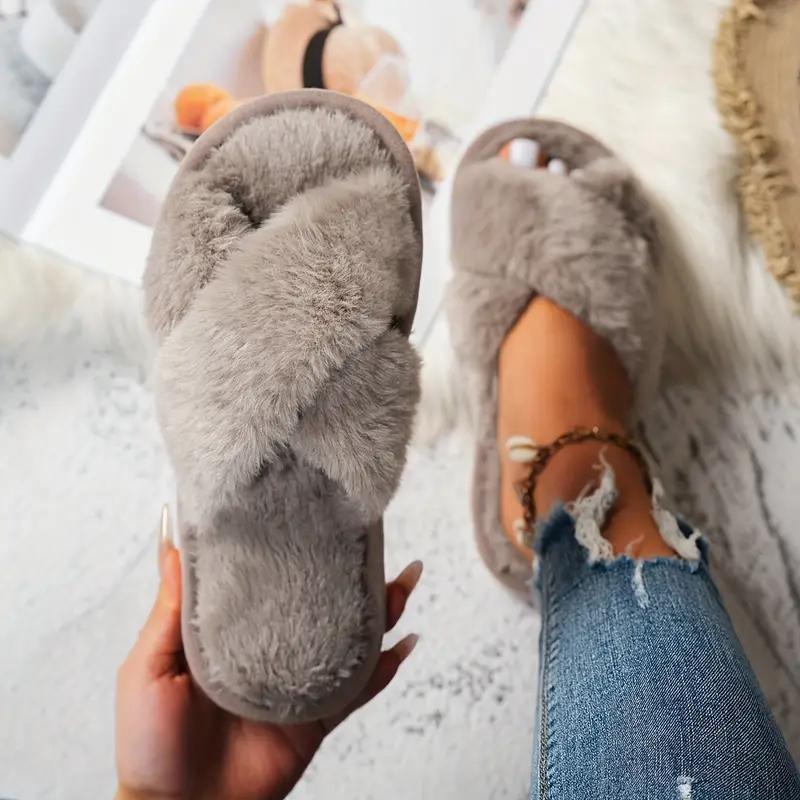 

Женские уютные плюшевые шлепанцы с открытым носком и перекрещивающимися ремешками - Мягкие, пушистые домашние тапочки для комфорта осенью и зимой, домашняя обувь 40-41 кофейный