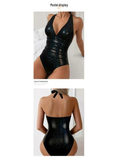 European & American Style Women's Black Snakeskin Deep V-Neck One-Piece Lace-Up Backless Swimsuit