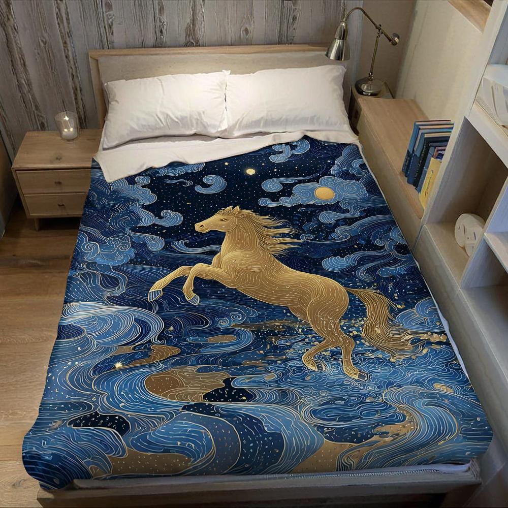 Golden Horse Celestial Flannel Blanket Warm Soft Halloween Christmas Couch Warm Cozy Decorative Decor Gift for All Season