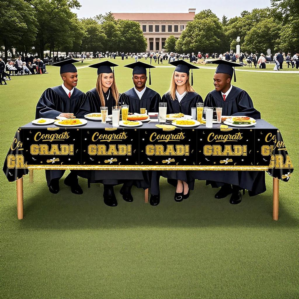 2025 Graduation Party Decorations - Black and Gold Tablecloth Plastic Disposable Table Cloth for Class of 2025 Party Favors Supplies, 2 Pack