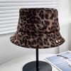 Korean leopard print suede bucket hat women's autumn and winter wide brim sunshade pile hat rivet personality show face small flat top hat