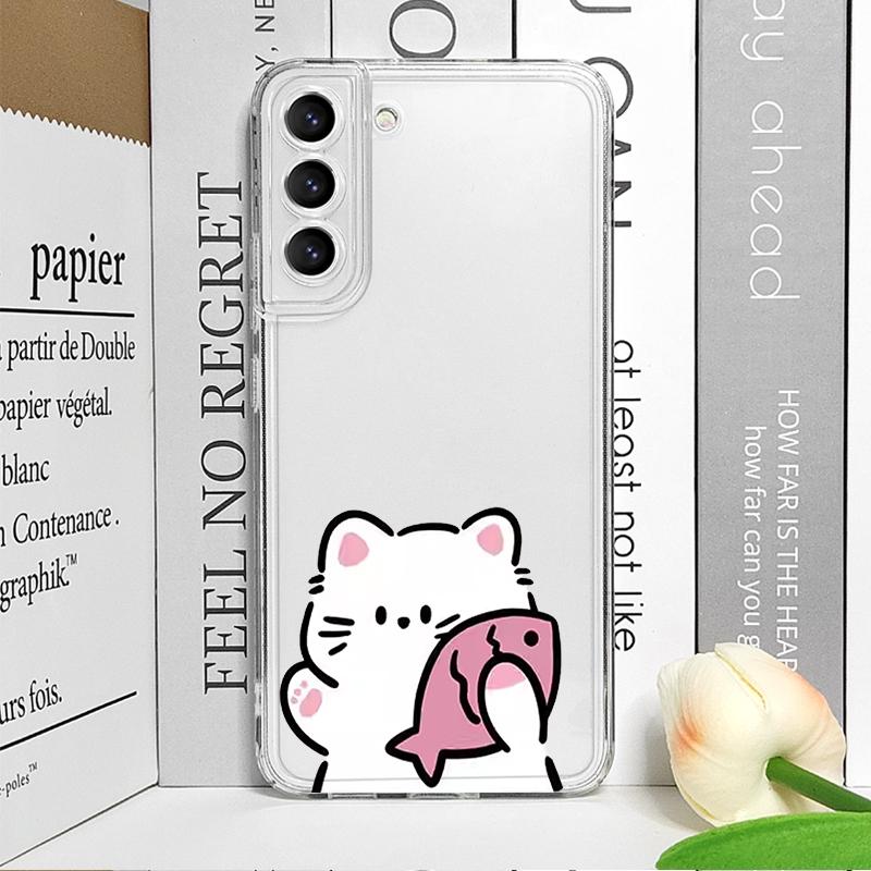 Funny Cartoon Cat Fish Couple Paired Phone Case for Samsung Galaxy S25 Ultra S24 S23 S22 S21 S20 Plus FE A55 5G Clear Soft Cover