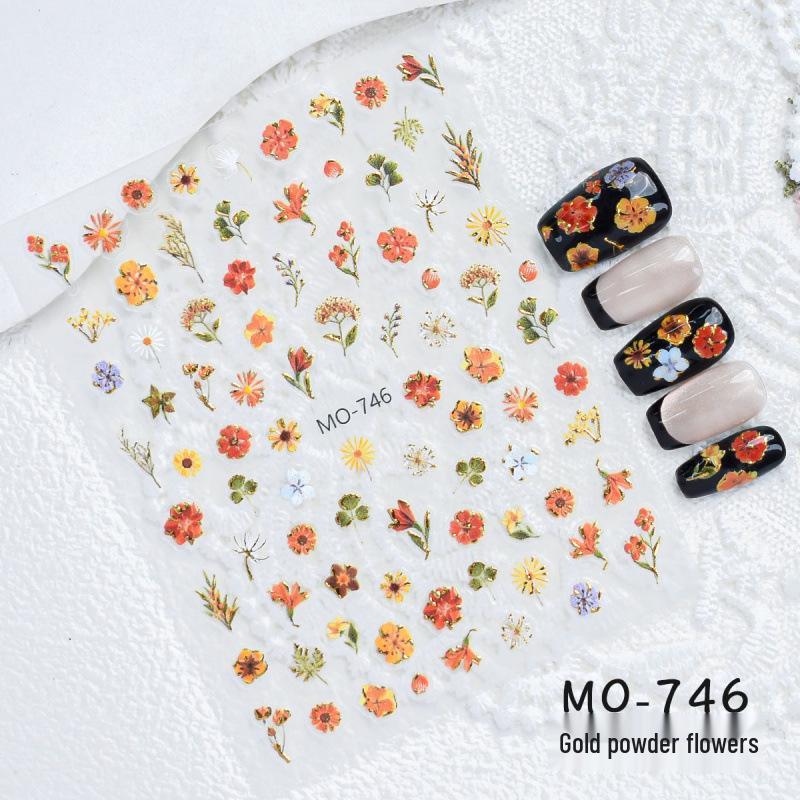 3D Retro Gold Wildflower Nail Art Stickers - Embossed Gilded Decals
