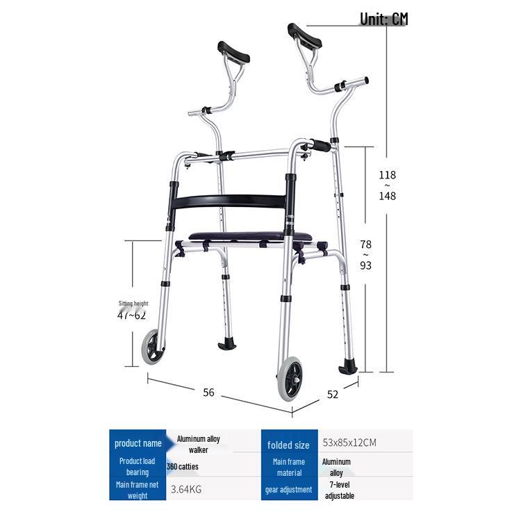 Aluminum Alloy Folding Walker with Wheels, Underarm Crutches, and Seat Cushion for Elderly Rehabilitation.