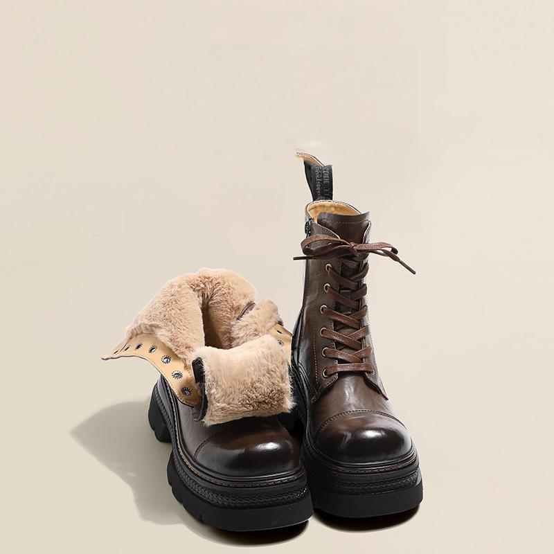 Winter Women's Boots Warm Plush Comfortable Platform Outdoor Snow Boots Lace Up Waterproof Brown Short Boots