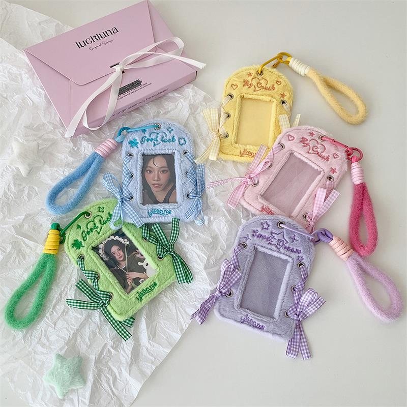 Cute Ballet-Style Ribbon Photocard Holder Plush Card Holder With Lanyard Idol Photo Storage Card Display Protective Pendant Gift
