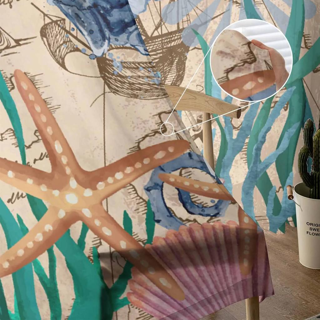 Seahorse Seaweed Starfish Shell Retro Sheer Curtains For Living Room Kitchen Window Curtains Bedroom Tulle Voile Curtains