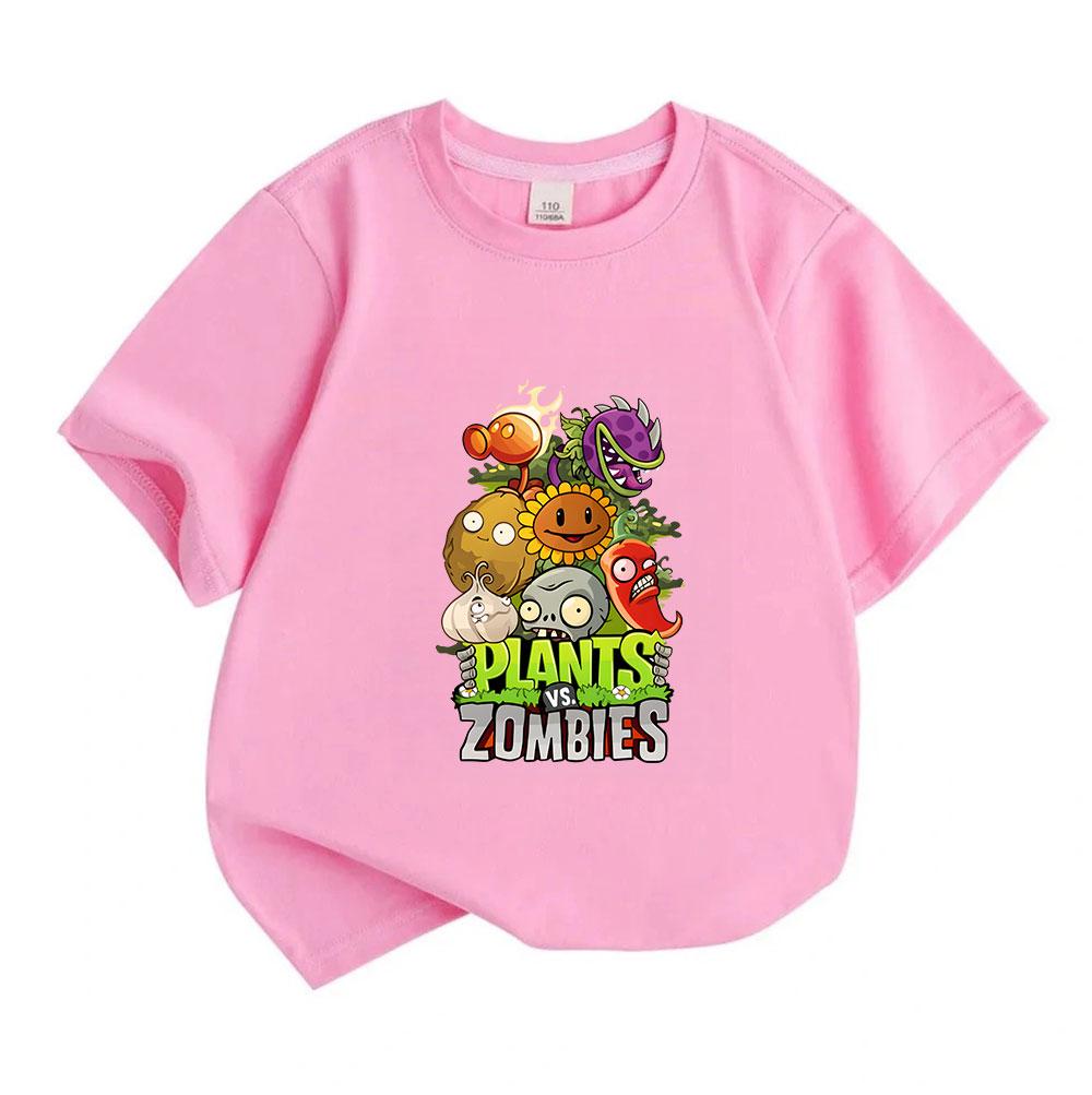 Kids Boys Girls 100% Cotton Crew Neck Short Sleeve T-Shirt, Funny Plants Zombies Cartoon Print Casual Soft Tee for Children Daily Outdoor Wear