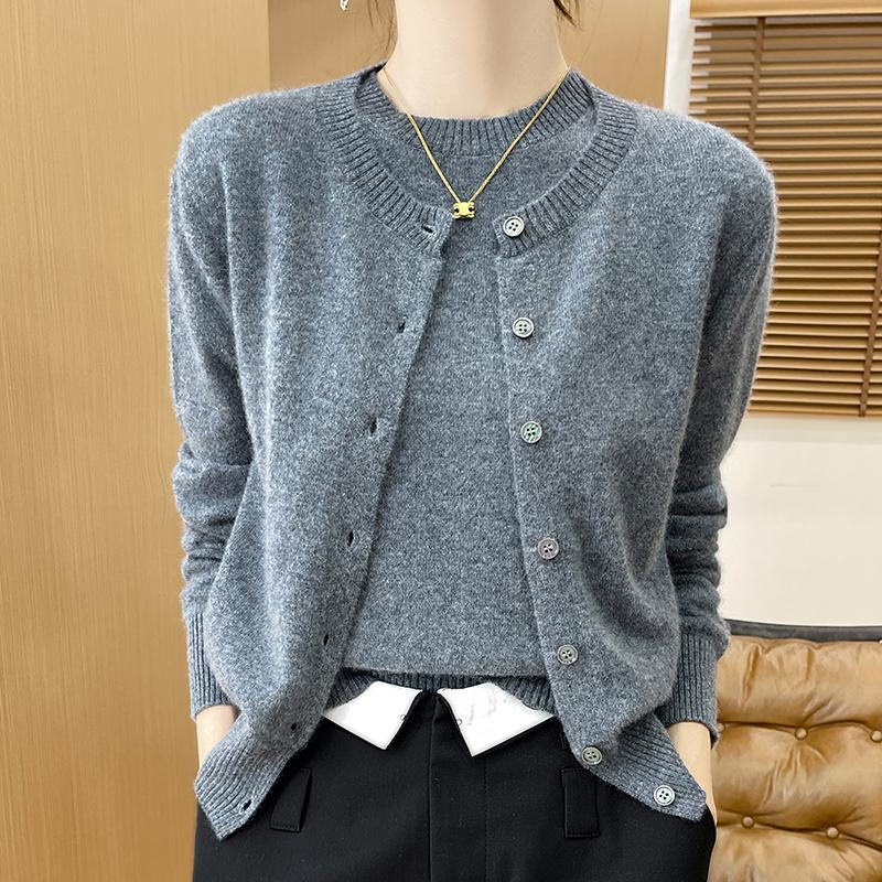 Top de Toamnă și Iarnă pentru Femei Set din Două Piese Lână Merino Pulover cu Gât Rotund Mânecă Lungă Cardigan și Pulover cu Mânecă Scurtă Top Tricotat pentru Toate Sezoanele