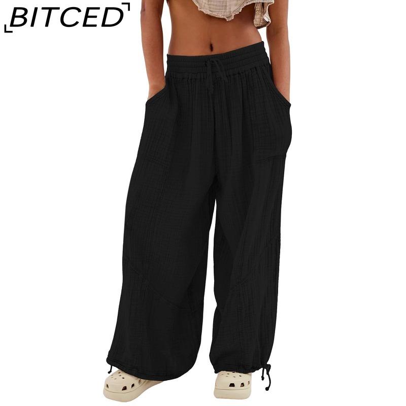 BITCED 8 Color Women High Elastic Waist Trousers Wide Leg Loose Pants Deep Vest Pleated Ankle Pockets Solid Color Soft Ladies Casual Pants