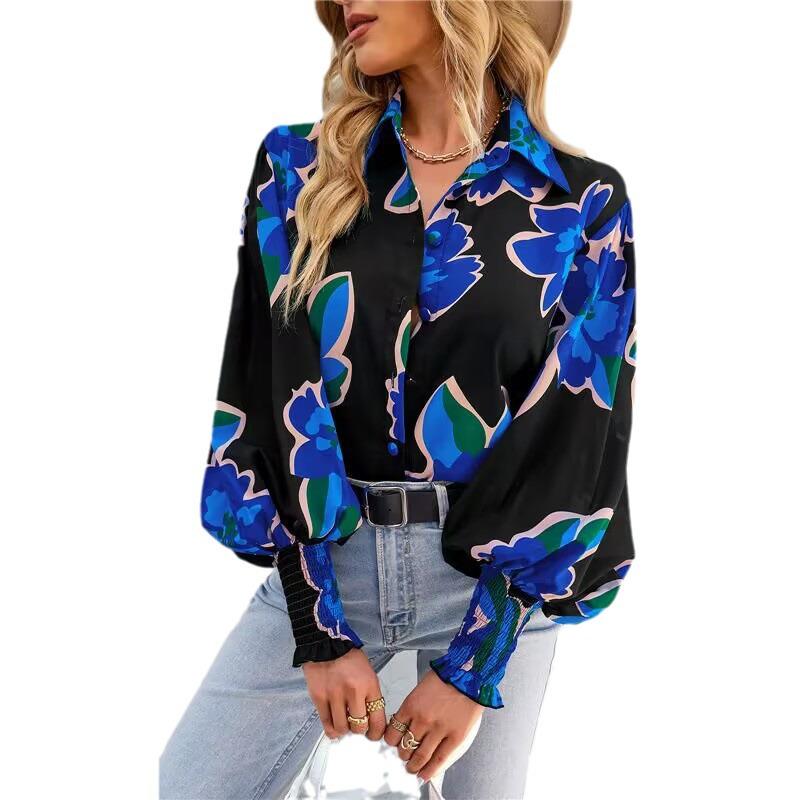 Women's Spring 2025 Long-Sleeve Print Shirt with Turn-Down Collar and Lantern Sleeves
