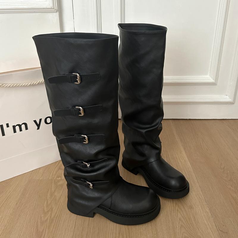 Retro Pleated Stacked Boots Women's 2025 New Long Western Cowboy Boots High Thick Heel Thick-soled Martin Boots Women