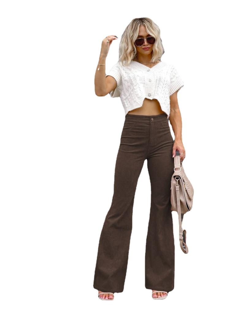 Winter Solid Color Corduroy Casual Fashion Temperament Women's Trousers Casual Retro High Rise Single Button Slim Hip Flared Trousers