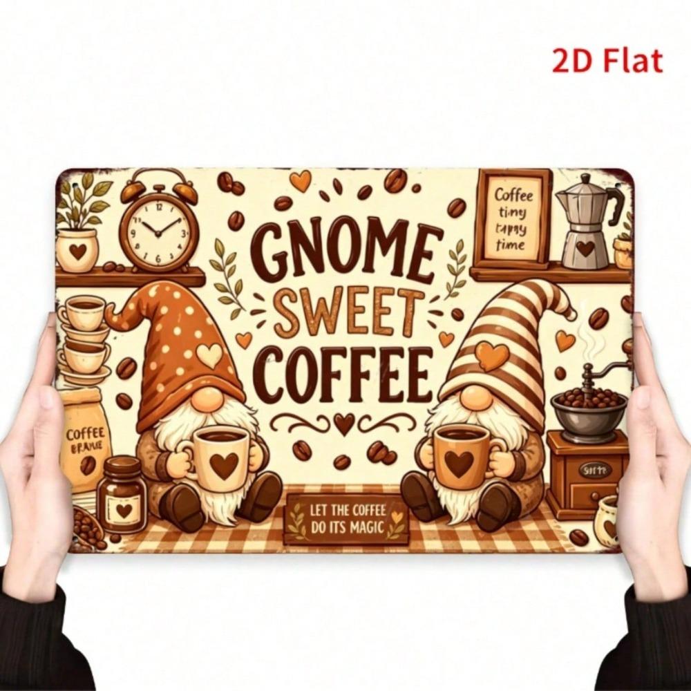 Vintage Gnome Coffee Tin Sign, Checkered Bar Kitchen Wall Art, Retro Farmhouse Decor, 7.87x11.81 In