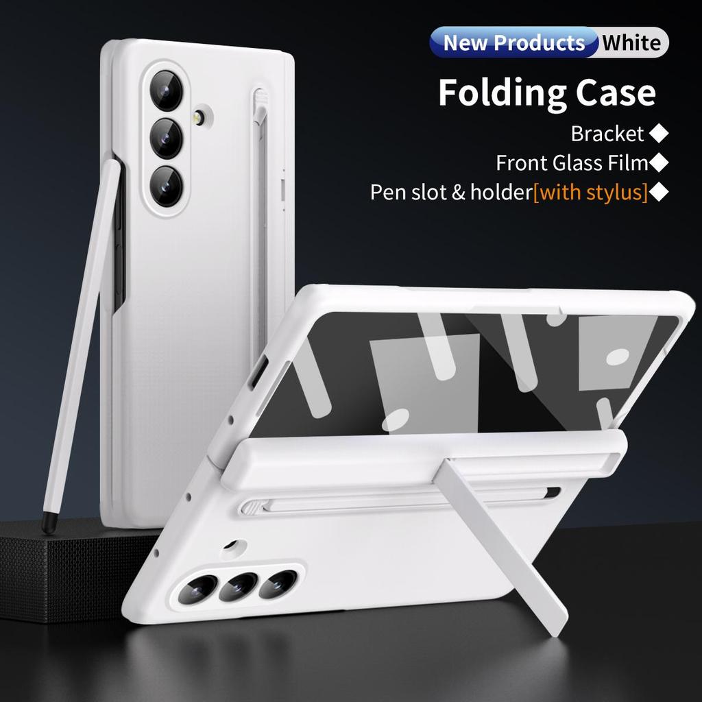 For Samsung Galaxy Z Fold 7 6 5 4 Phone Case ,Hinged Protection Cover Shockproof PC + Screen Tempered Glass Protector Film With Pen Slot & Free Stylus