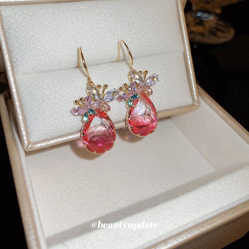 Super Fairy Sweet Zircon Butterfly Water Drop Ear Hook Earrings Korean Ins Temperament Earrings Light Luxury High-end Earrings Women