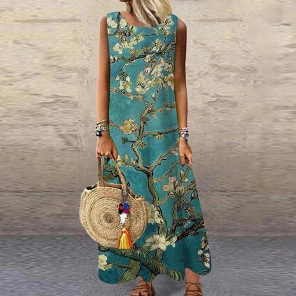 Ärmelloses Damenkleid mit Aufdruck, Rundhalsausschnitt, Gerader lockerer Schnitt, Modisch, Elegant für den Arbeitsweg, Lang, Lässig, Frühling, Sommer, Neu