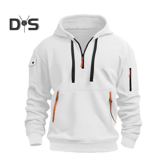 Мужская толстовка с капюшоном на осень-зиму, однотонная, с длинными рукавами, застежкой-молнией на половину длины, карманом на рукаве, декором на ремне, с капюшоном, свободная повседневная одежда, повседневный спортивный топ M белый