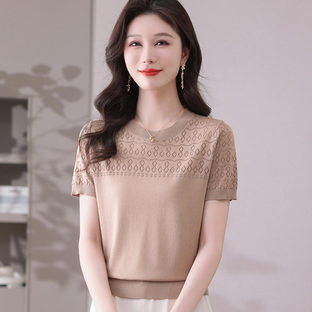 

Round Neck Hollow Out Short Sleeved Knitted Shirt for Women Summer Solid Color Thin Short Sleeved Knitted T-shirt S хаки