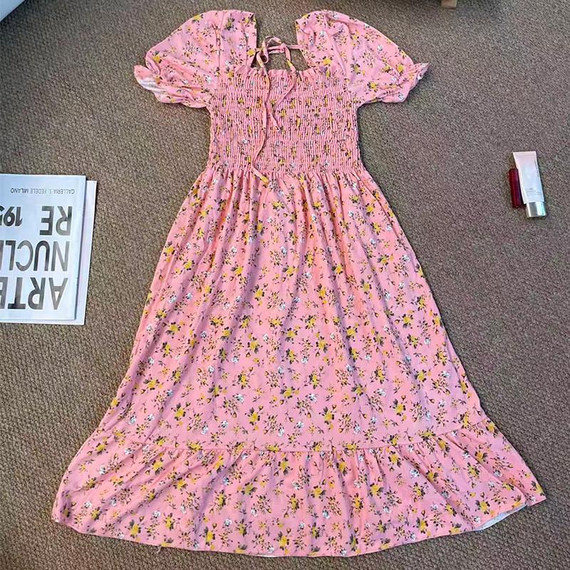 French Vintage High Waist Floral Dress With Tie Belt For Casual And Party Wear