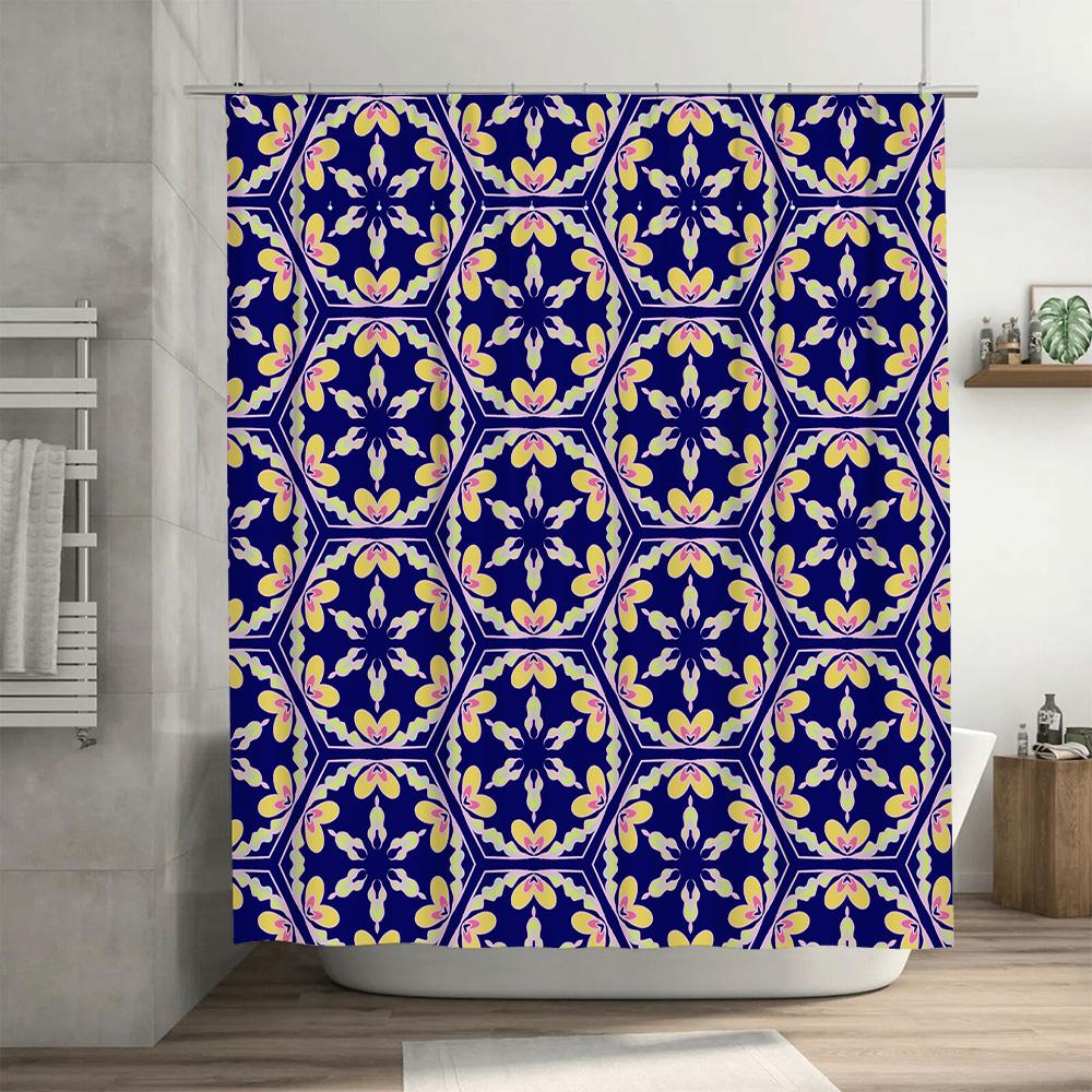 Modern Blue Floral Hexagon Bath Rug Shower Curtain Decor Set for Bathroom Accessories Home Decoration Waterproof Fabric Large Si