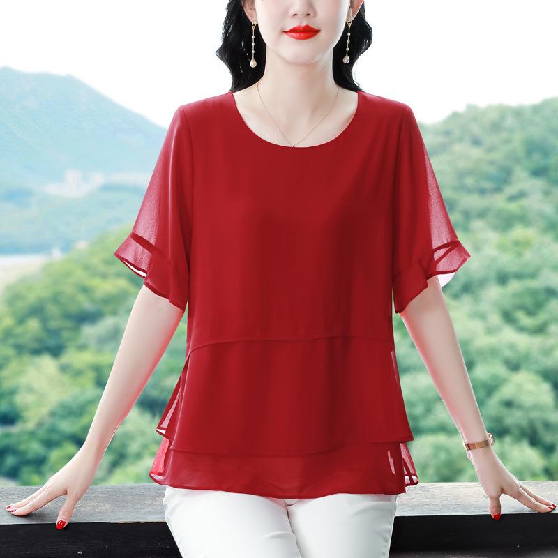 Covering Belly Chiffon Shirt for Women Short Sleeves Mid-length Summer Large Size Fashionable Small Shirt Middle-aged Mother Loose Fat Mm Top
